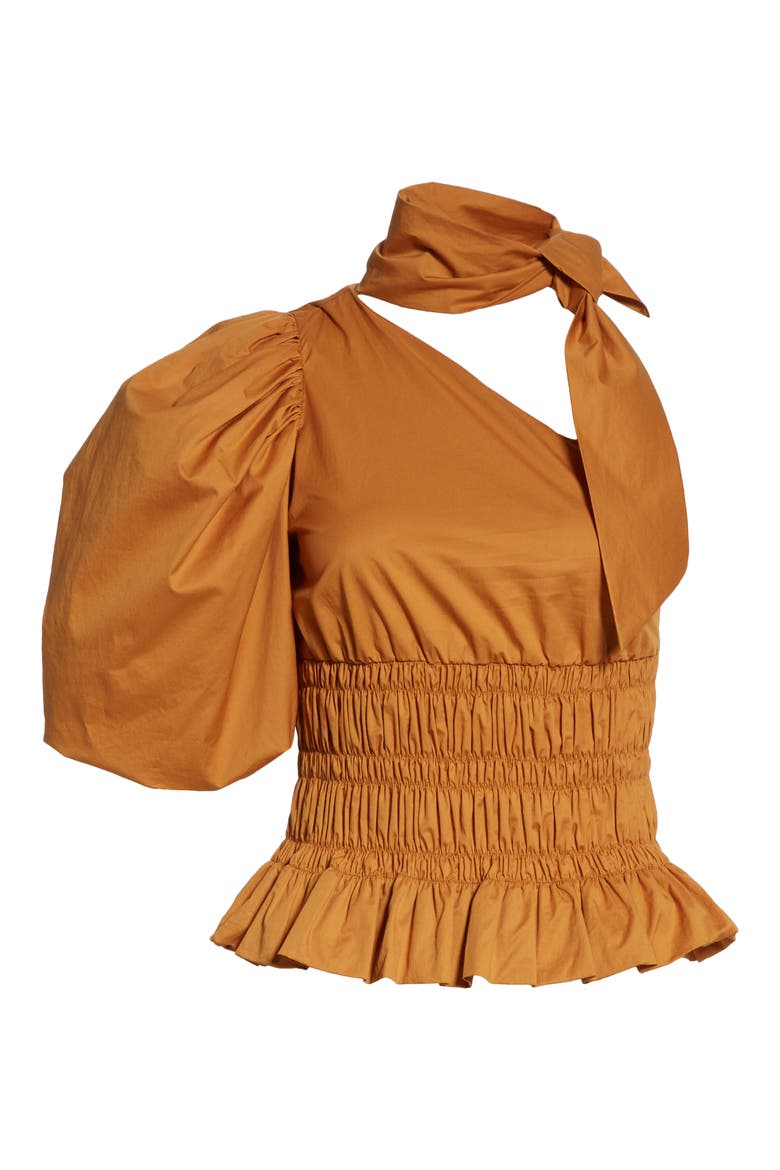 Tie Neck Stretch Cotton One-Shoulder Top, Alternate, color, MANGO