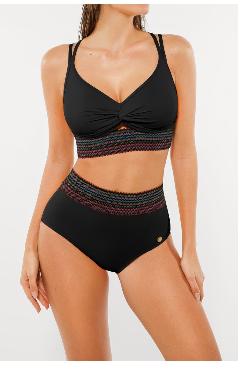 Popilush Boho Trim High Waist Tummy Control Bikini Set, Alternate, color, Black
