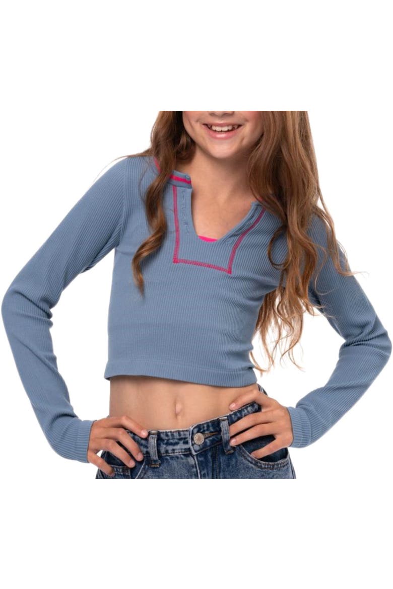 Ribbed seamless top with contrast stitching - Big Kid, Main, color, Denim Blue-Neon Pink