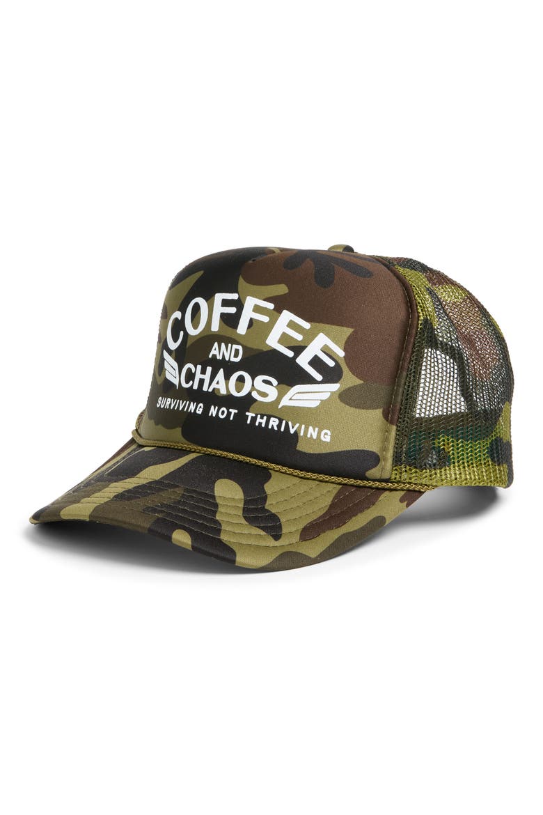 Coffee & Chaos Patch Trucker Hat, Main, color, CAMO
