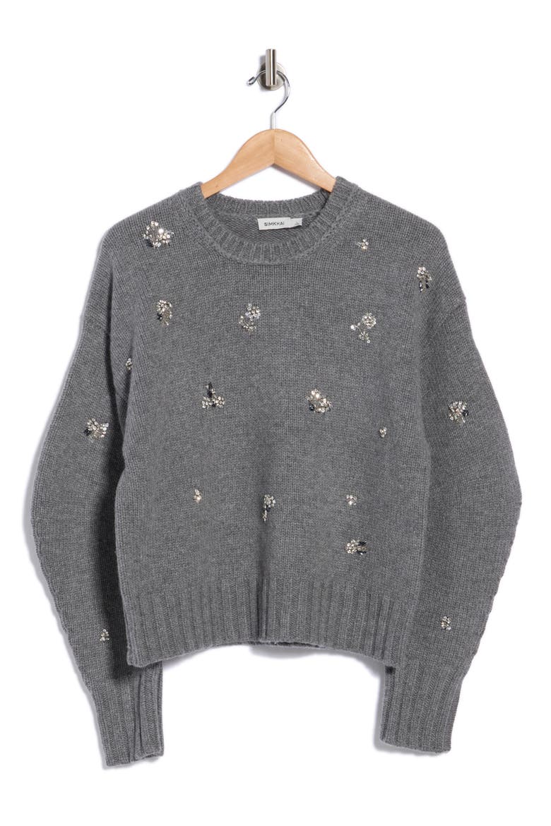 Coraline Crystal Embellished Crewneck Sweater, Main, color, HEATHER GREY