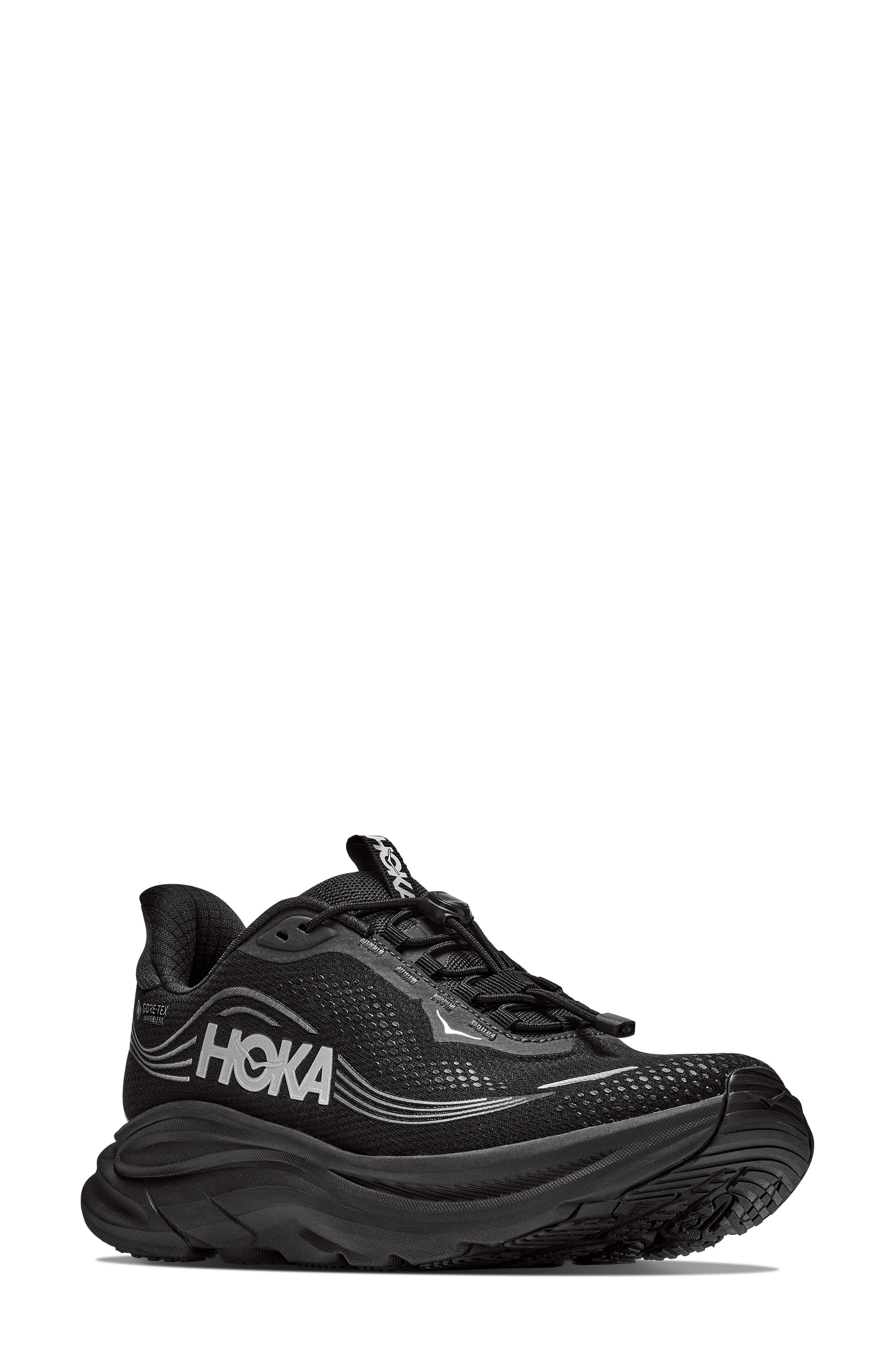 Clifton 11 GTX Waterproof Running Shoe, Main, color, BLACK / BLACK