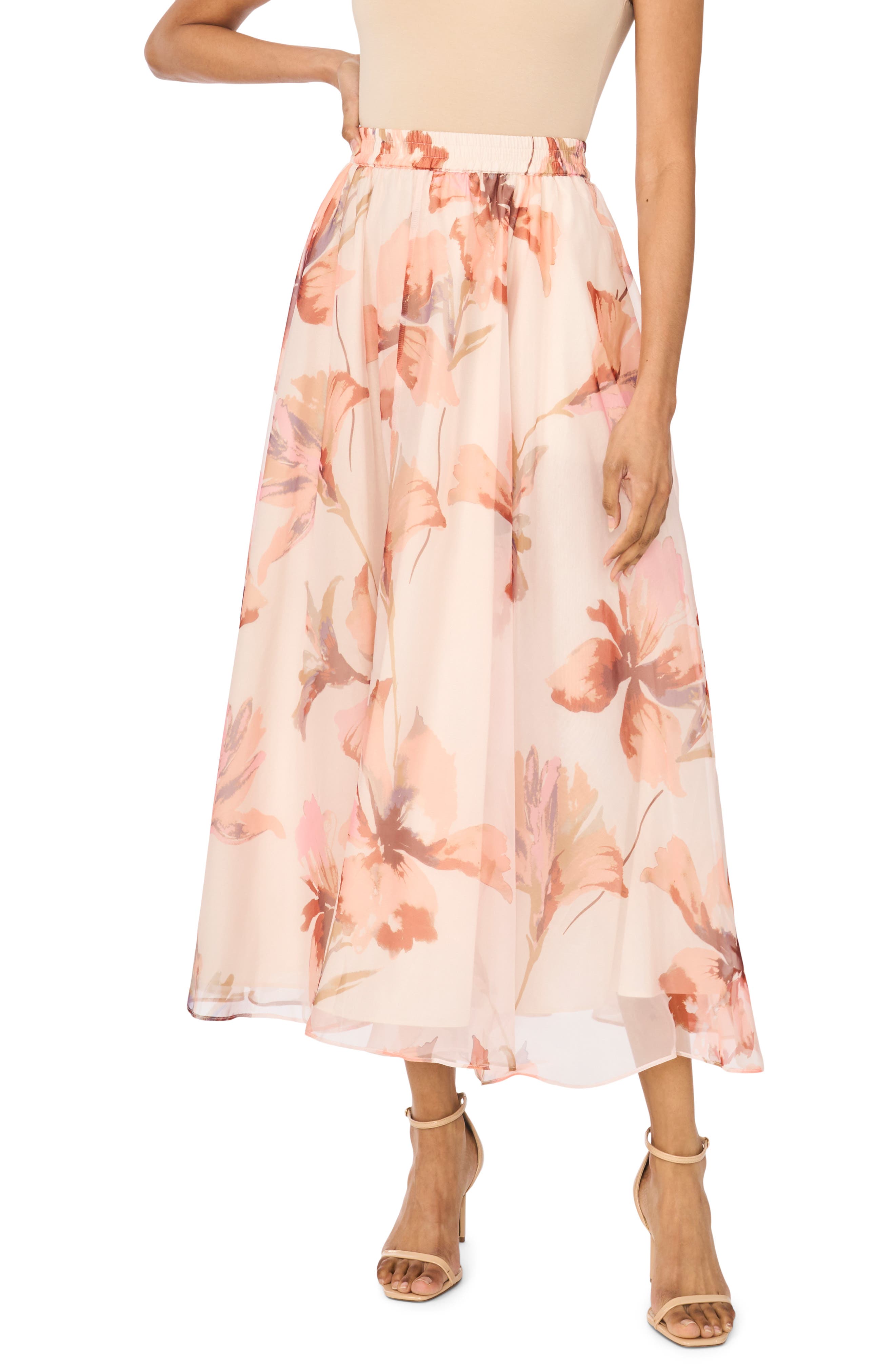 Floral Shirred Midi Skirt