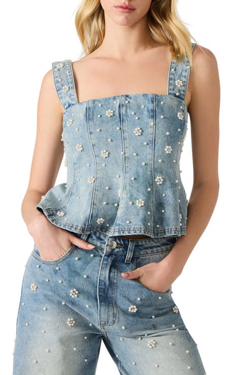 Fiorella Beaded Peplum Denim Tank