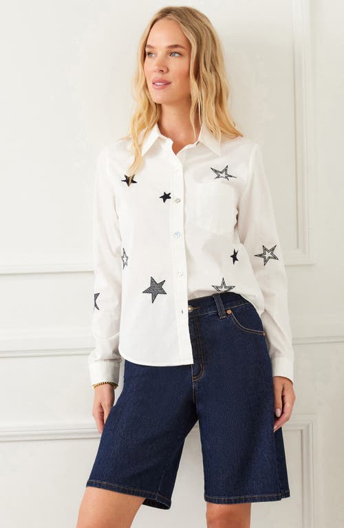 Karen Kane Star Embroidered Cotton Button-up Shirt In White