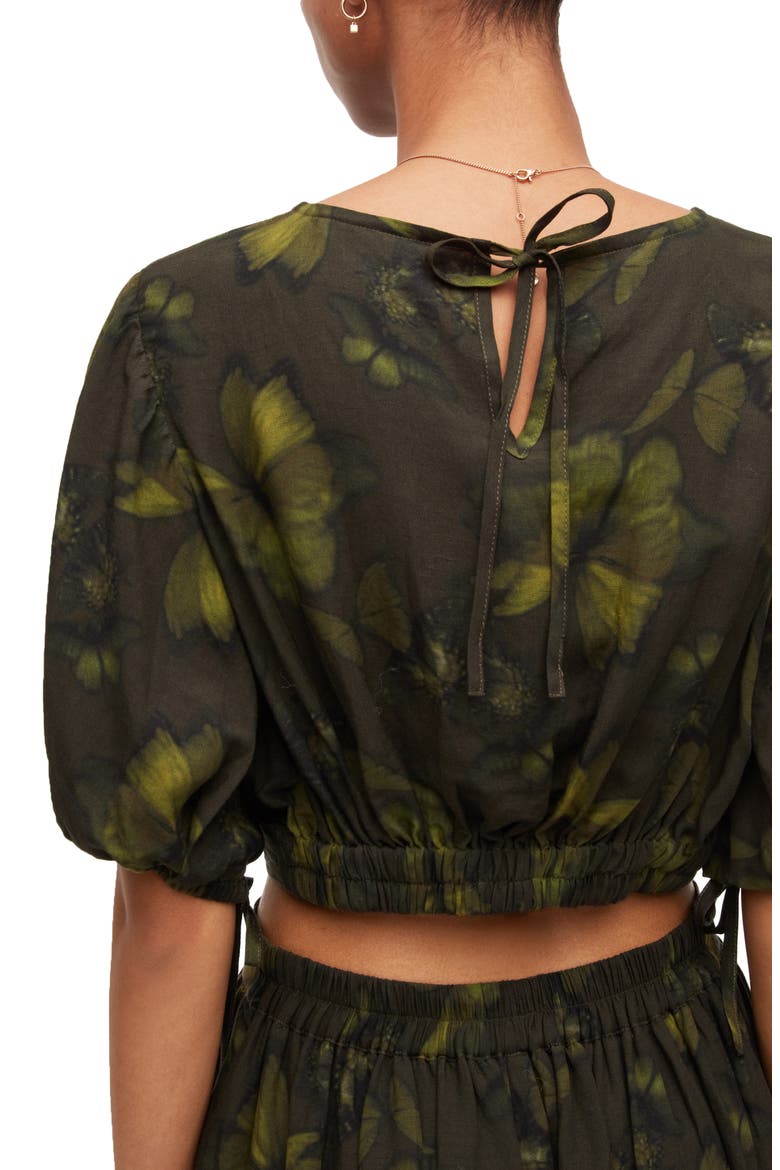 Puff Sleeve Butterfly Print Crop Top, Alternate, color, SYCAMORE GREEN