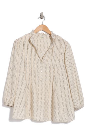 Max Studio Split Neck Long Sleeve Top In Natural Cotton Floral