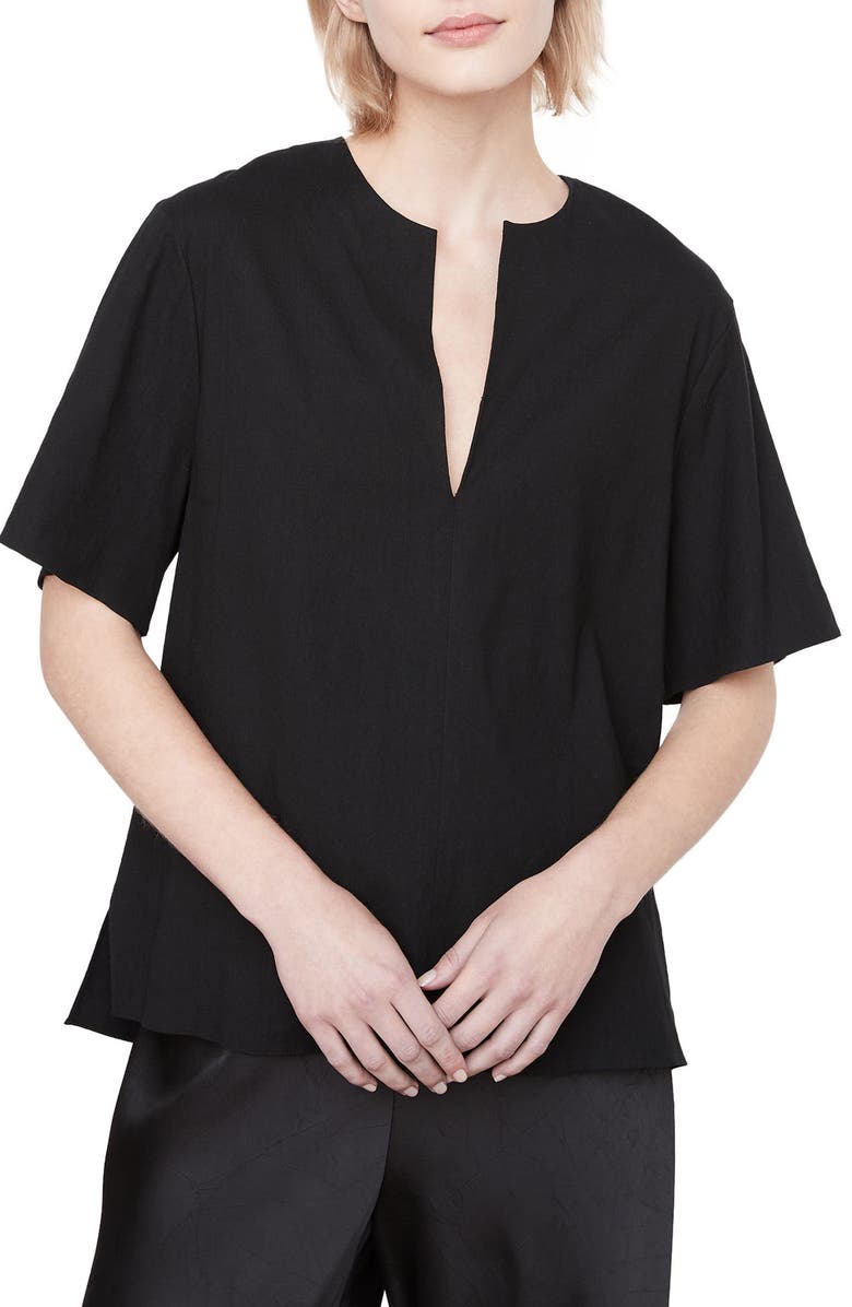 Vince Split Neck Linen Blend Tunic Top, Main, color,