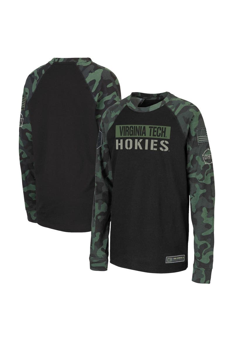 Youth Colosseum Black/Camo Virginia Tech Hokies OHT Military Appreciation Raglan Long Sleeve T-Shirt, Main, color, Black