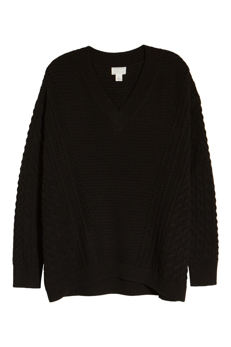 Cable V-Neck Sweater, Alternate, color, BLACK