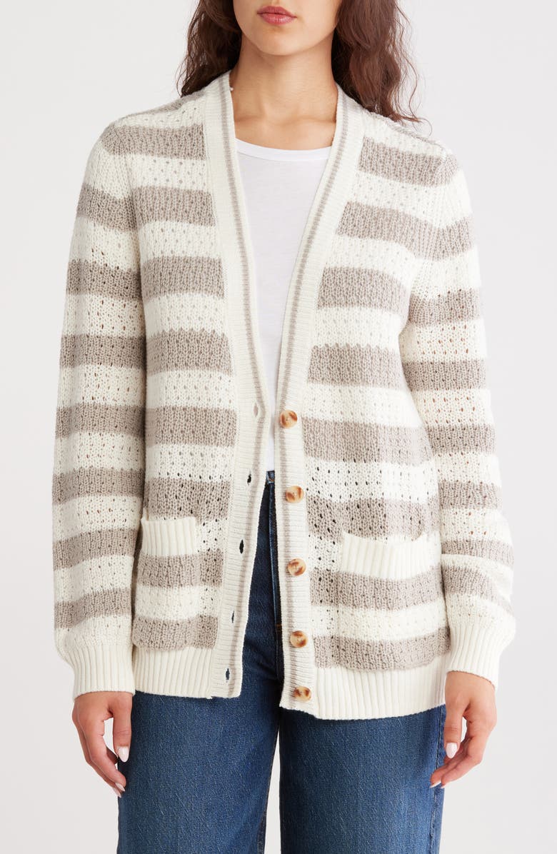 Caslon<sup>®</sup> Stripe Open Stitch Cotton Blend Cardigan, Main, color, Grey Owl- Ivory Rugby Stripe