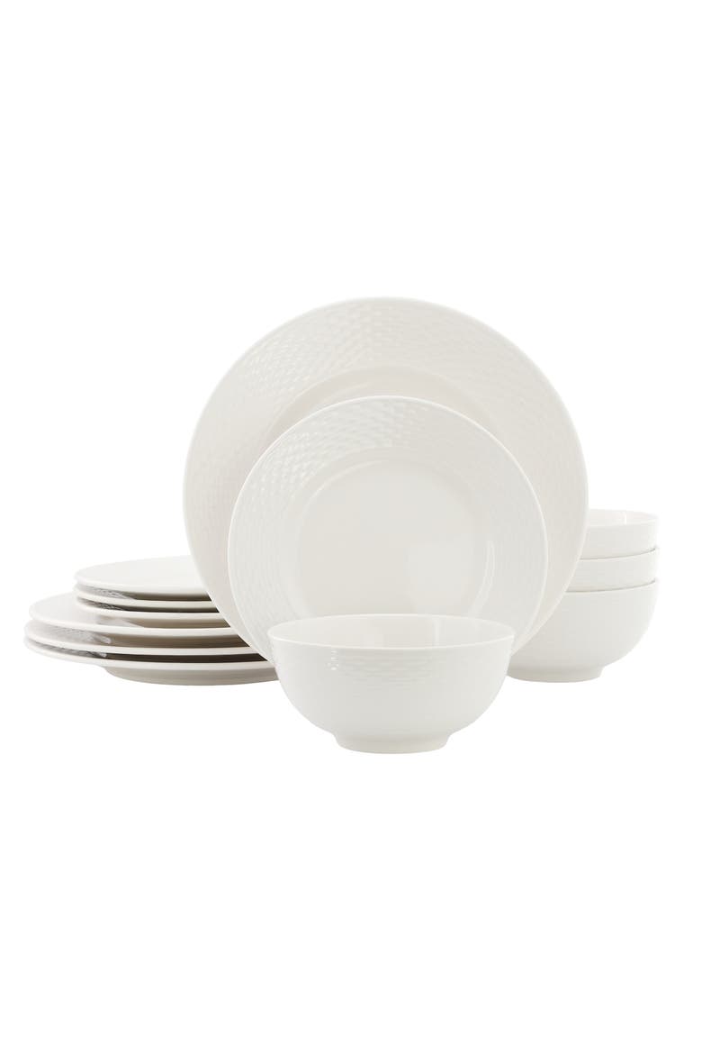 Gemma 12 Piece Stoneware Dinnerware Set in White, Main, color, White