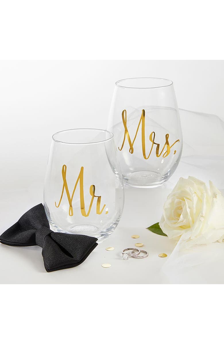 CREATIVE BRANDS Mr & Mrs Stemless Set of 2 Wine Glasses, Alternate, color, Clear