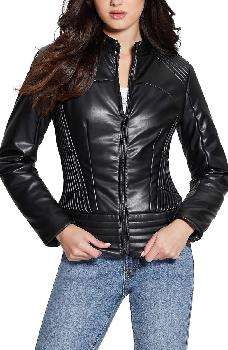 GUESS Lea Corset Faux Leather Jacket, Main, color, Black