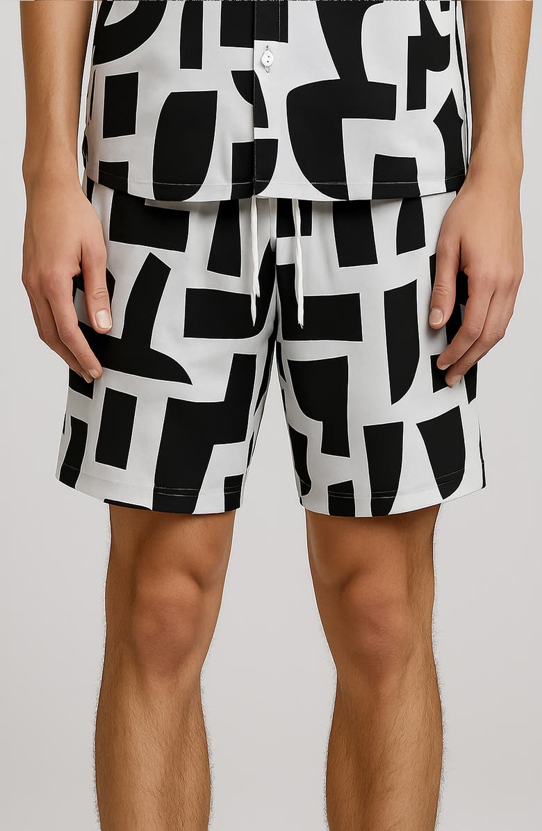 D.RT Geometric Print Swim Trunks, Main, color, White/ Black
