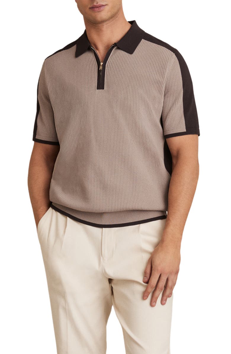 Reiss Varley Rib Colorblock Zip Polo Sweater, Main, color, Chocolate Brown/ White