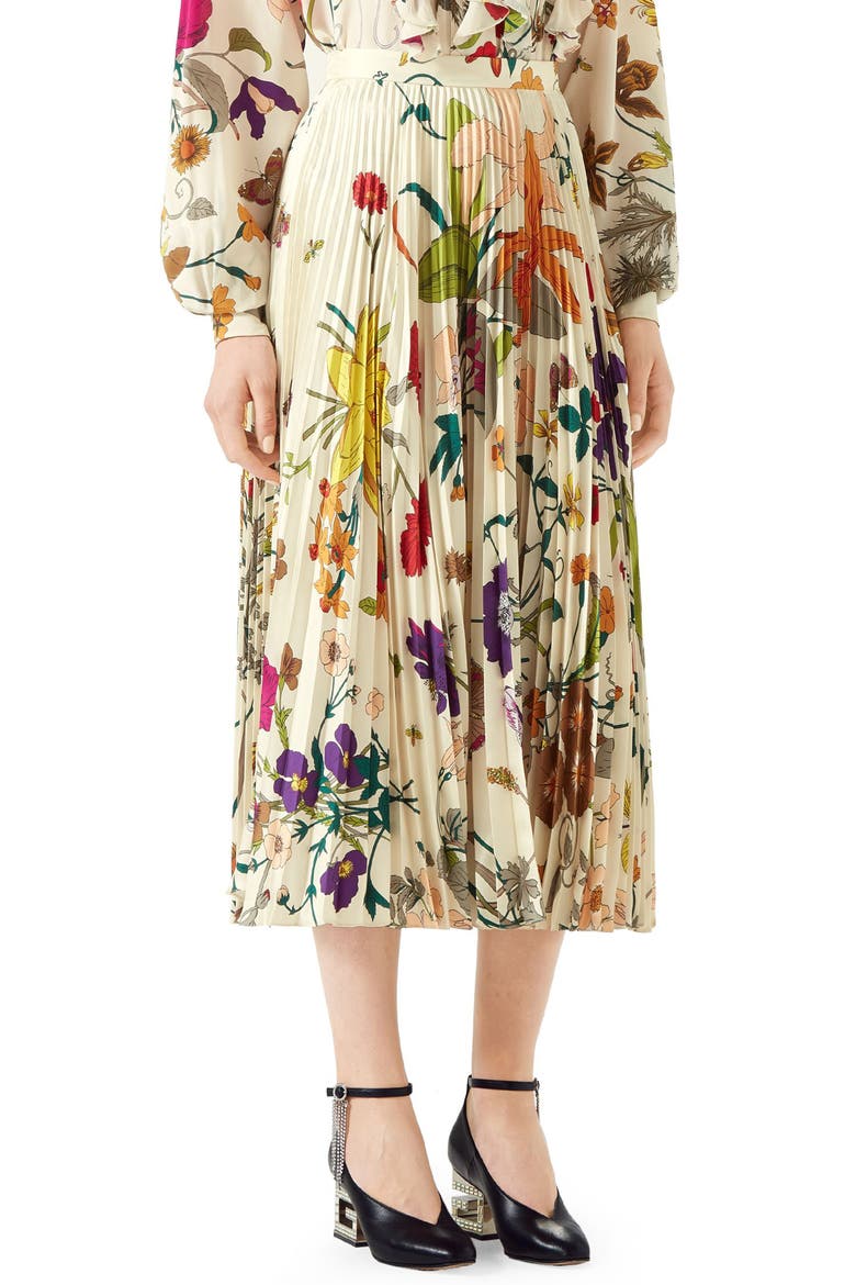 Gothic Floral Print Pleated Silk Twill Midi Skirt, Alternate, color, IVORY PRINTED