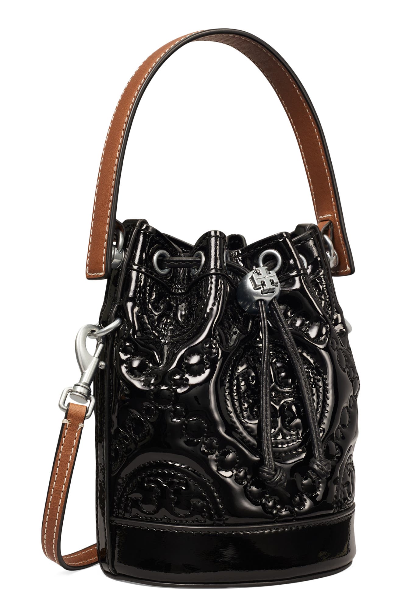 Tory Burch T Monogram Mini Puffy Patent Leather Bucket Bag, Alternate, color, 