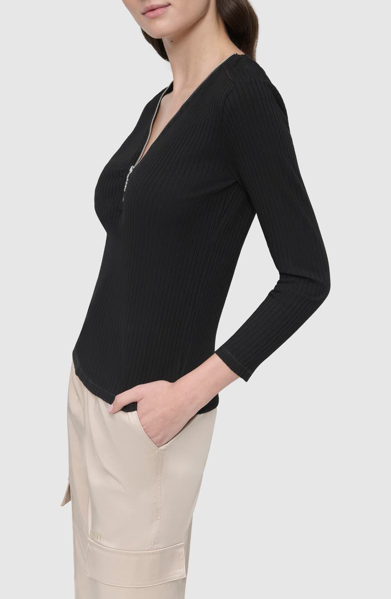DKNY V-Neck Rib Long Sleeve Top, Alternate, color, 