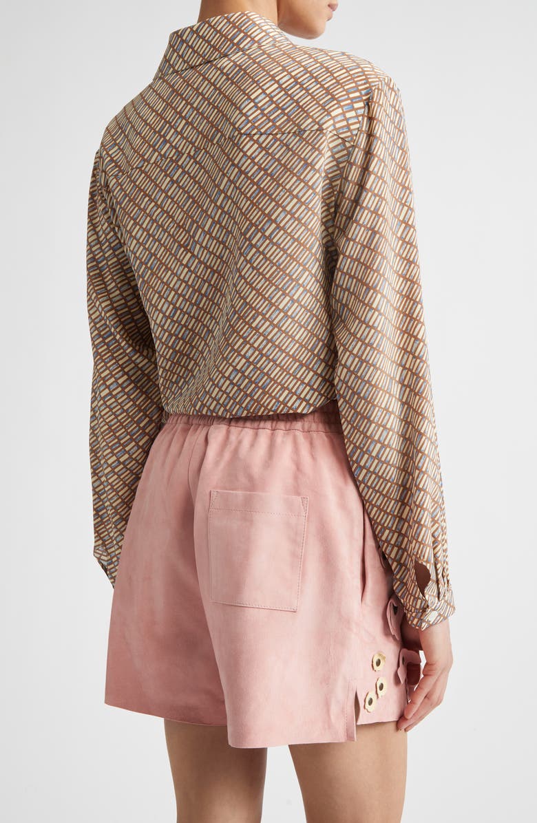 Marni Ruffle Appliqué Silk Crêpe de Chine Button-Up Shirt, Alternate, color, Brown/ Antique White