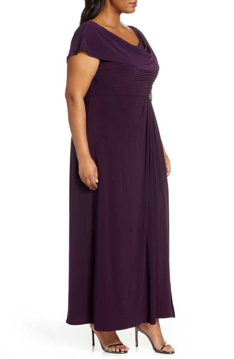 Alex Evenings Cowl Neck Beaded Waist Gown, Alternate, color, Eggplant