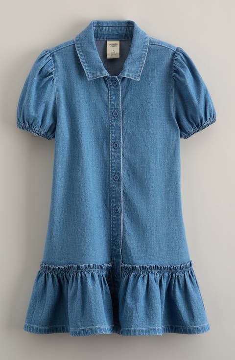 Kids' Ruffle Hem Chambray Shirtdress