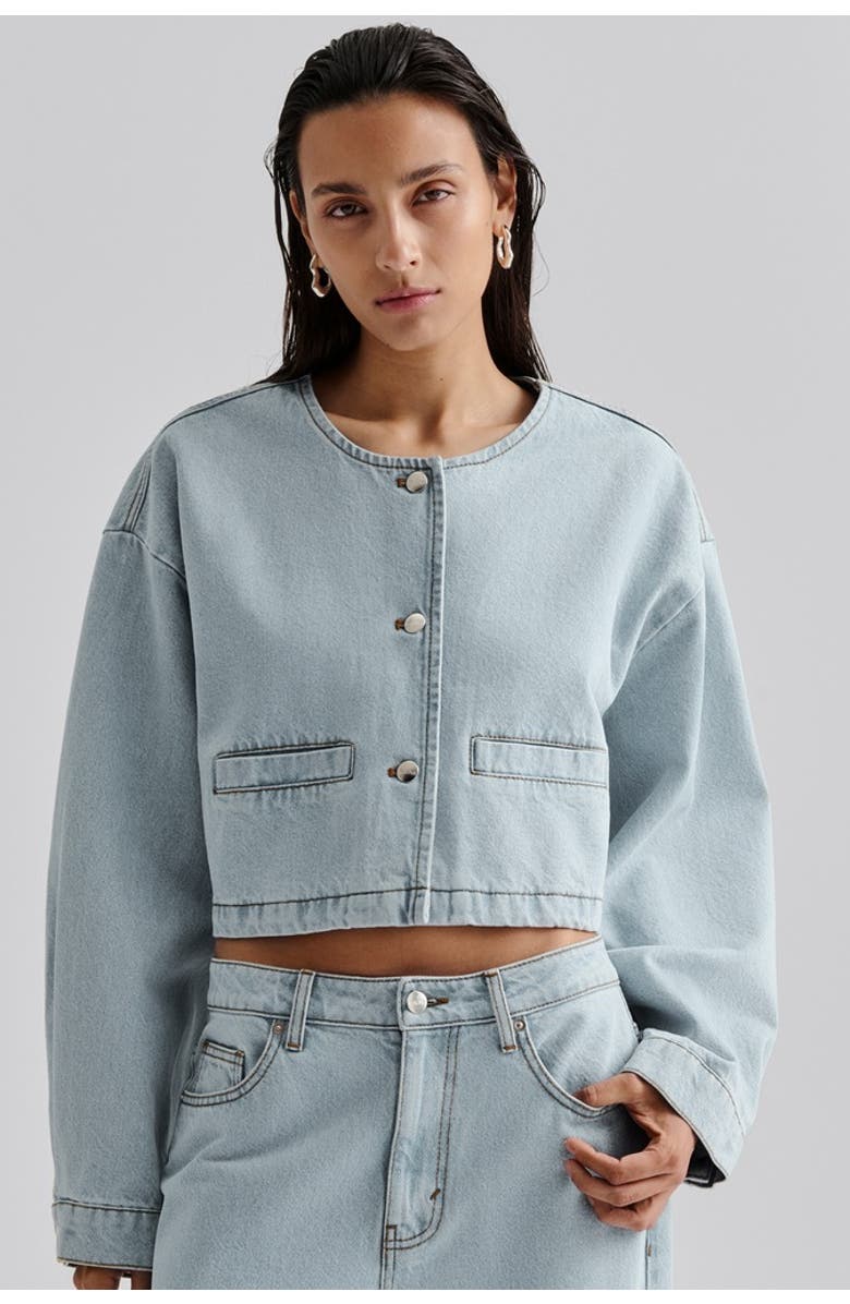 Malina Elowen Cropped Long Sleeve Denim Jacket, Main, color, Unwashed Dark Blue