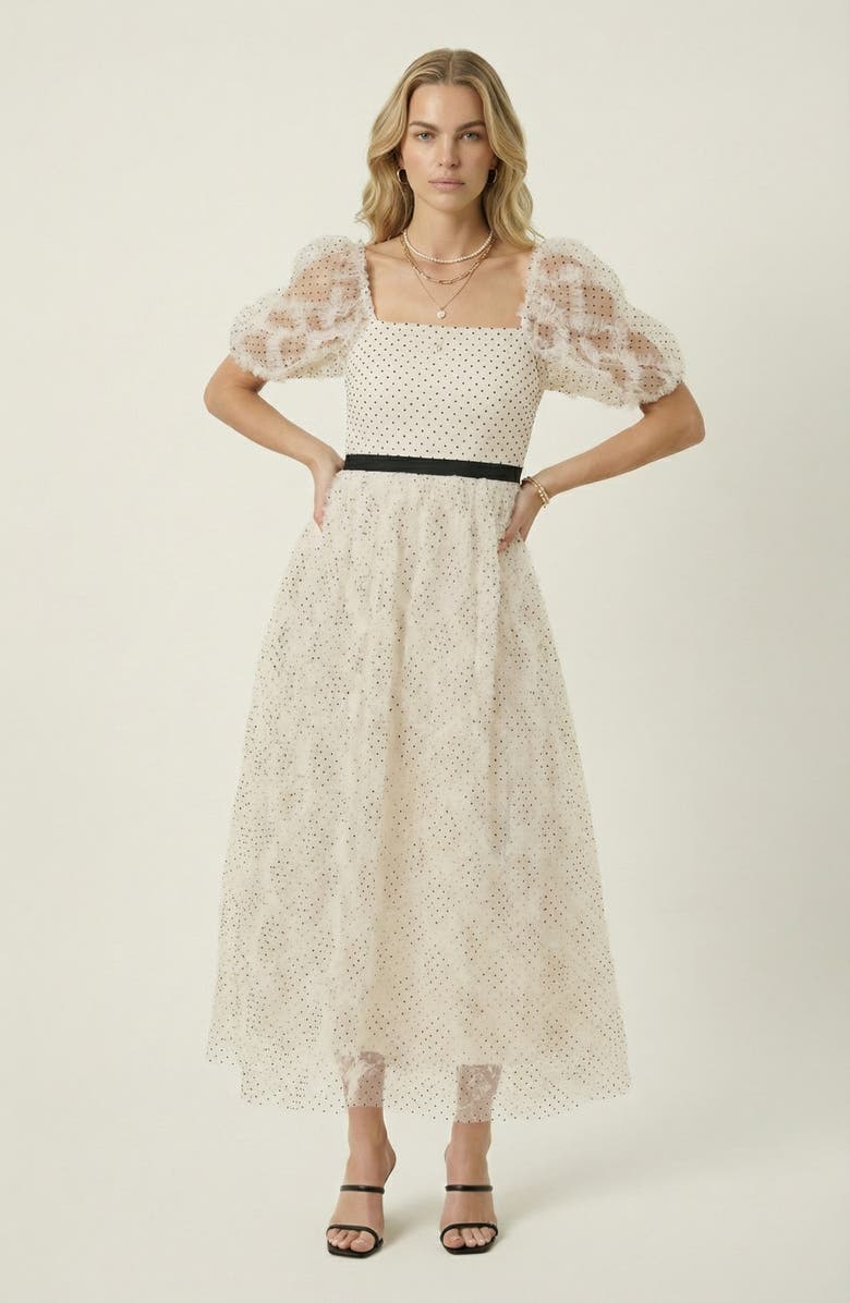 Modenaire Embroidered Puff Sleeve Square-Neck Midi Dress, Main, color,