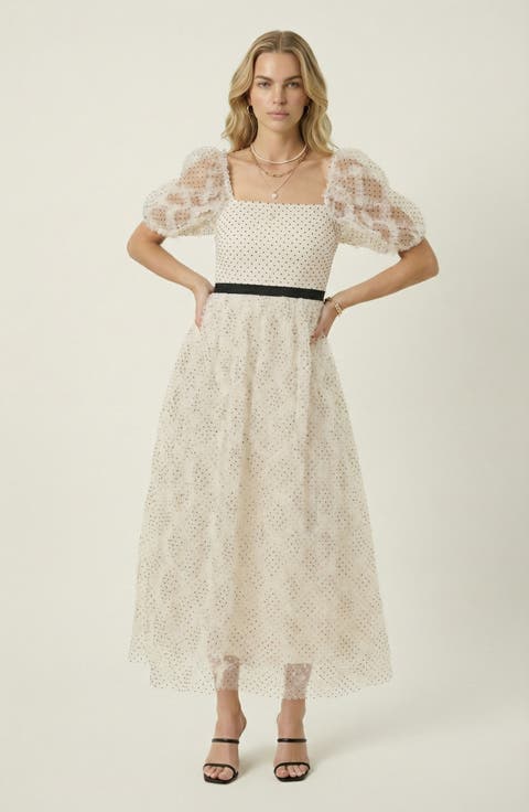 Embroidered Puff Sleeve Square-Neck Midi Dress