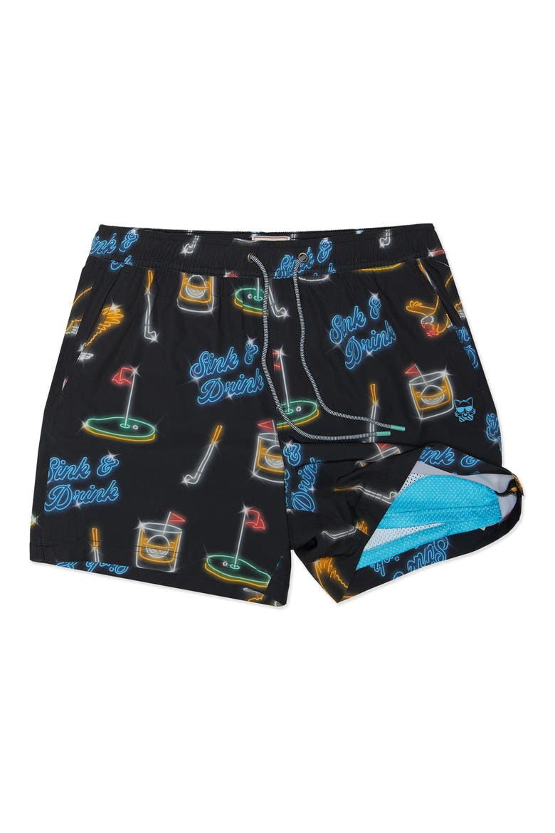Sink & Drink Happy Hour 7-Inch Swim Trunks, Main, color, BLACK