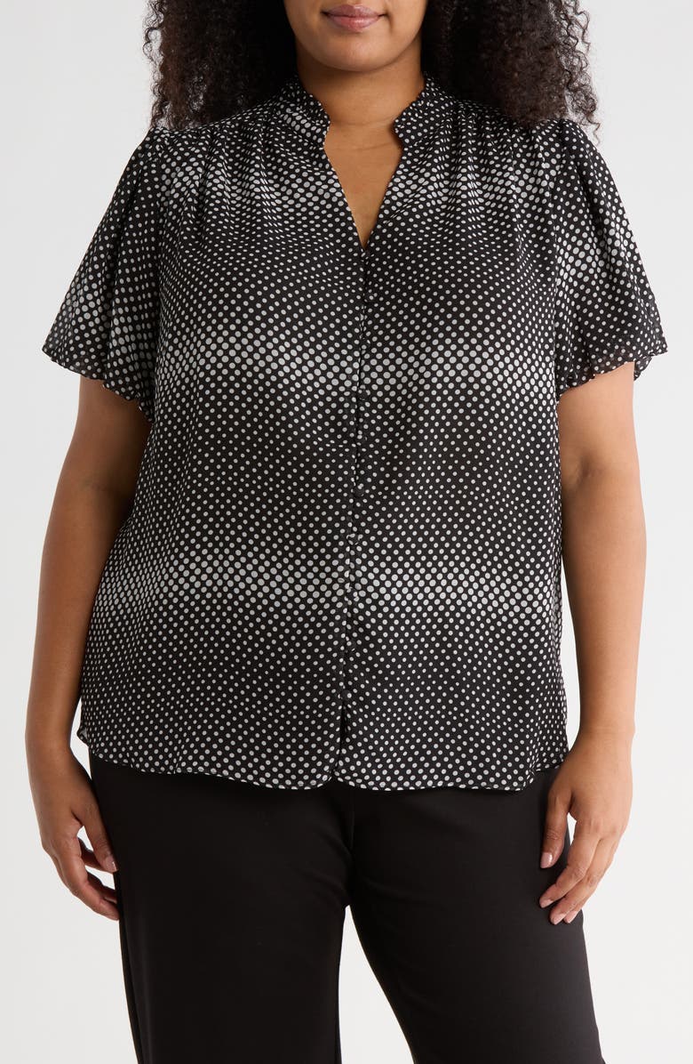 Adrianna Papell Short Sleeve Button-Up Top, Main, color, Black/ Cream Rising Dot