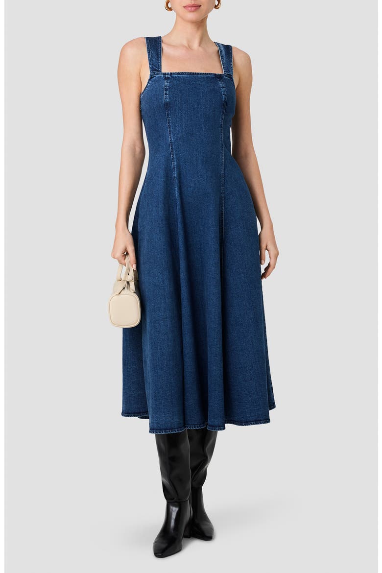 Delancy Sleeveless Fit & Flare Denim Midi Dress, Main, color, DARK INDIGO
