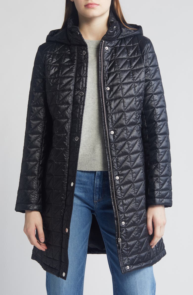 Via Spiga Box Quilt Hooded Coat, Alternate, color, Black