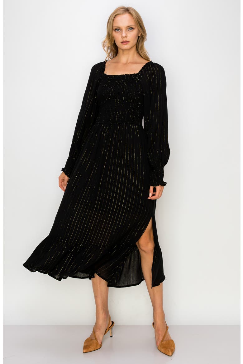 Metallic Stripe Smocked Long Sleeve Midi Dress, Alternate, color, BLACK/ GOLD