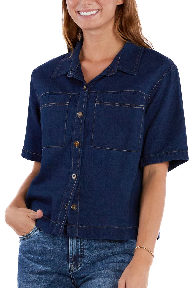 Boxy Short Sleeve Denim Button-Up Shirt, Alternate, color, DARK INDIGO