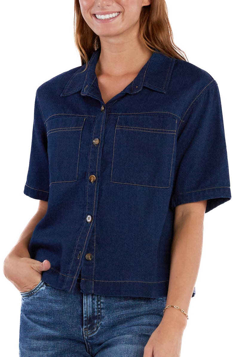 Wash Lab Denim Boxy Short Sleeve Denim Button-Up Shirt, Alternate, color, Dark Indigo