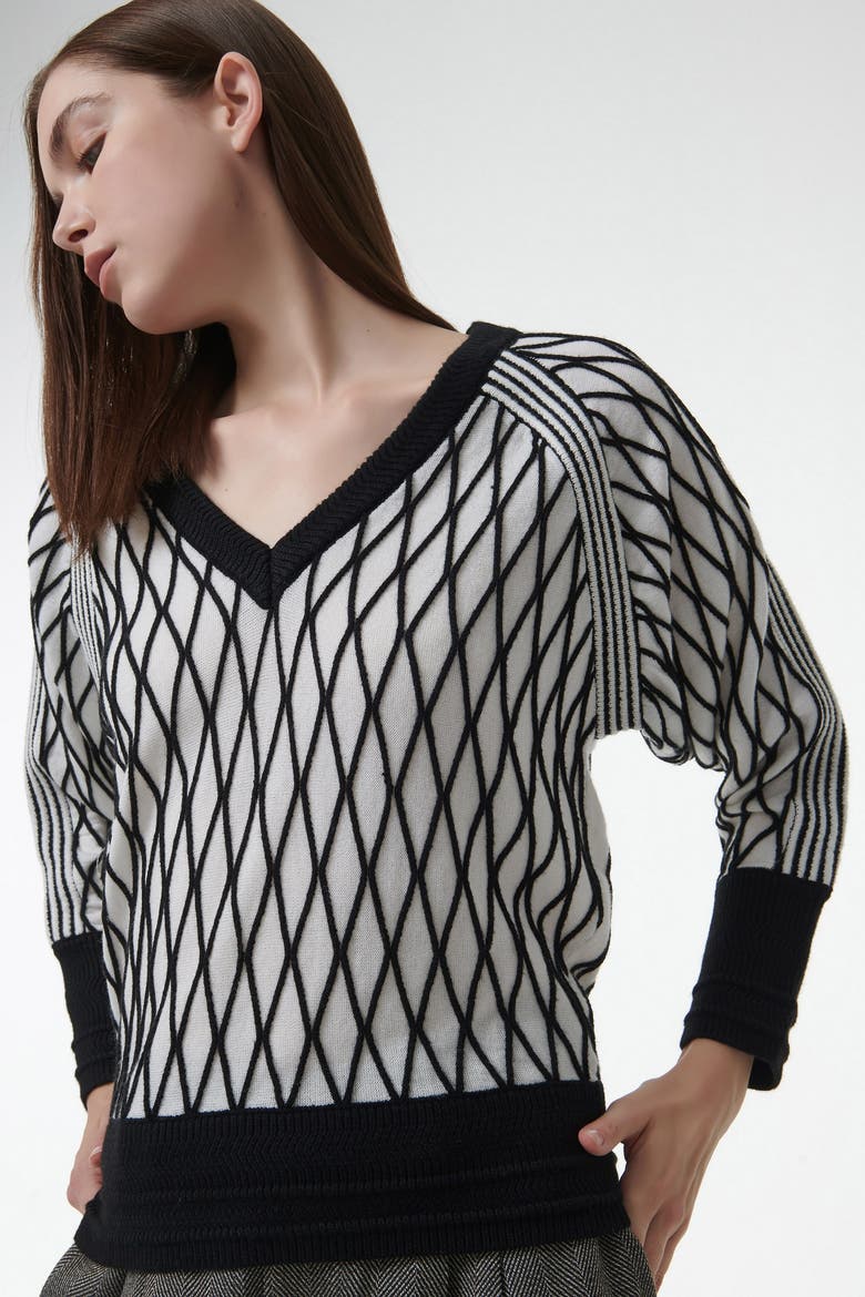Argyle Mesh Textured Knitted Sweater, Alternate, color, White
