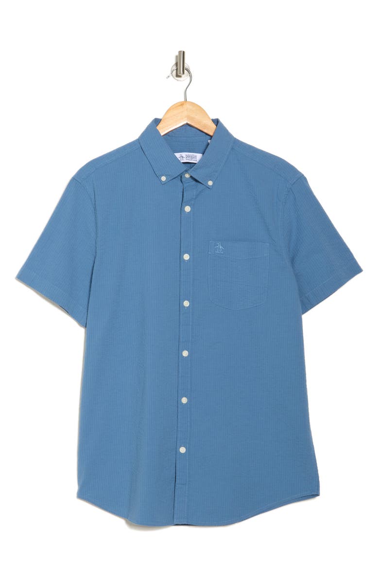 Original Penguin Short Sleeve Stretch Seersucker Button-Down Shirt, Alternate, color, Blue