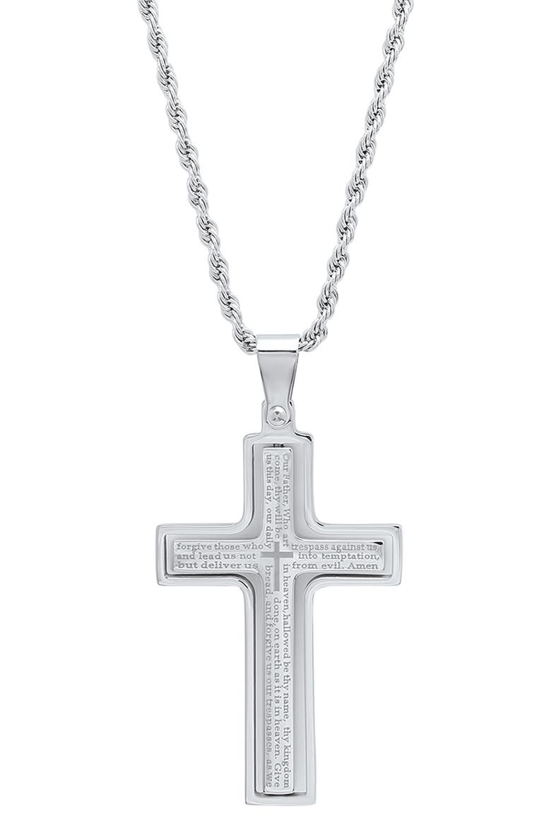 Men's Lord's Prayer Engraved Cross Pendant Necklace, Main, color, METALLIC