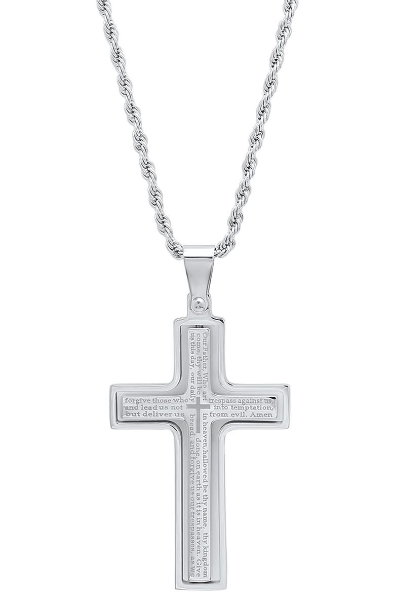 HMY JEWELRY Men's Lord's Prayer Engraved Cross Pendant Necklace, Main, color, Metallic