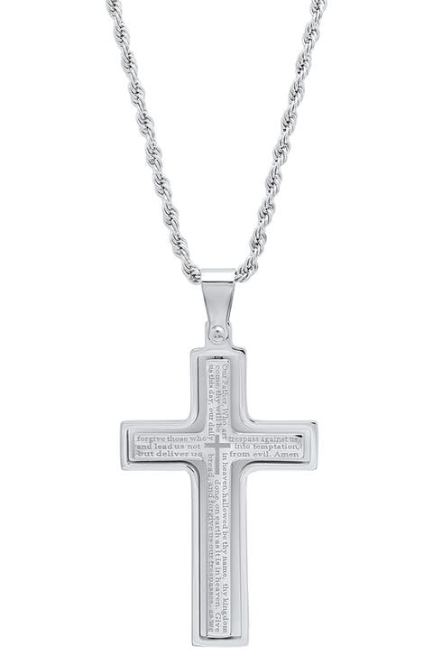 Men's Lord's Prayer Engraved Cross Pendant Necklace