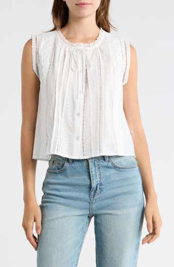 Lush Embroidered Sleeveless Cotton Button-Up Top