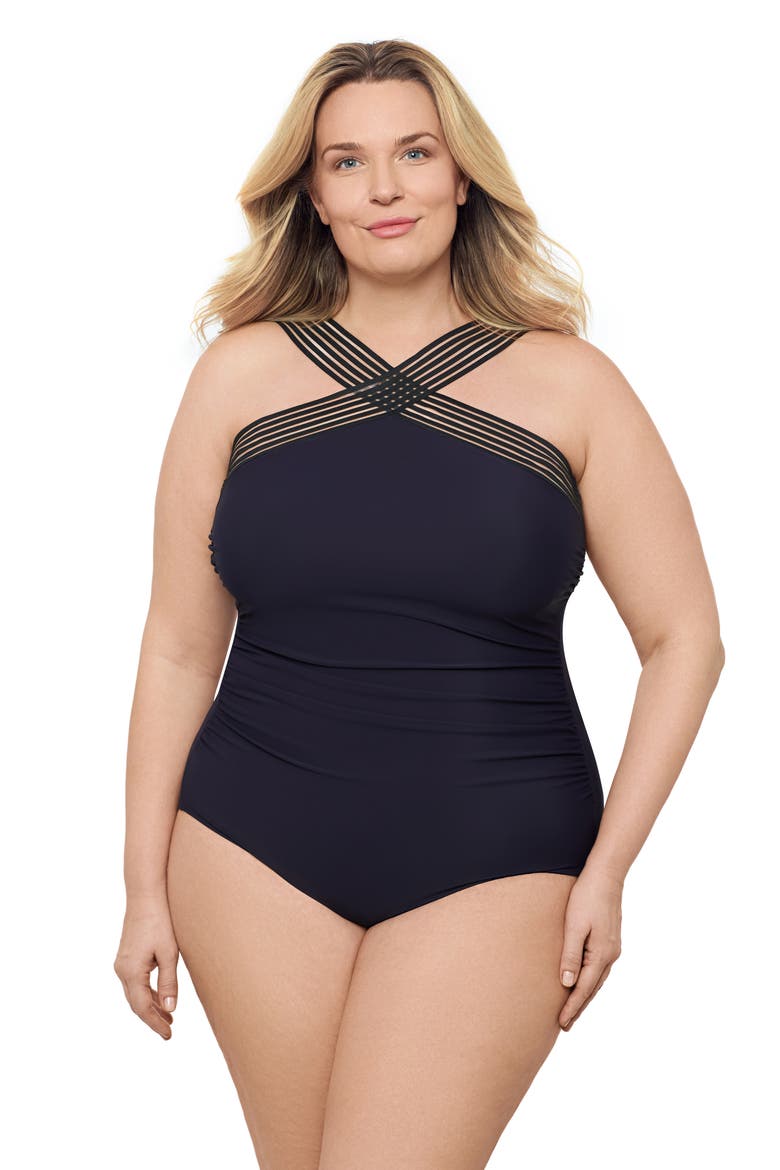 Plus Size Novelty Trim High Criss Cross Neck Full Coverage One-Piece Swimsuit, Main, color, True Navy