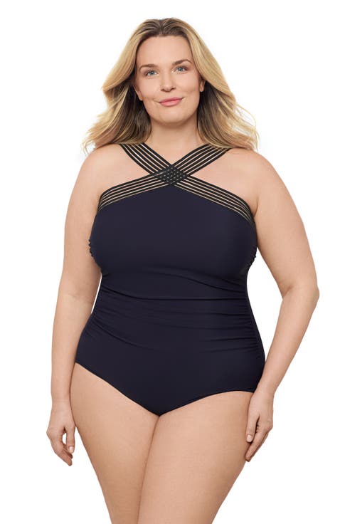Plus Size Novelty Trim High Criss Cross Neck Full Coverage One-Piece Swimsuit