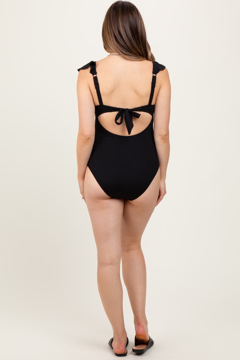 Ribbed Front Tie Cutout Ruched Maternity Swimsuit, Alternate, color, Black