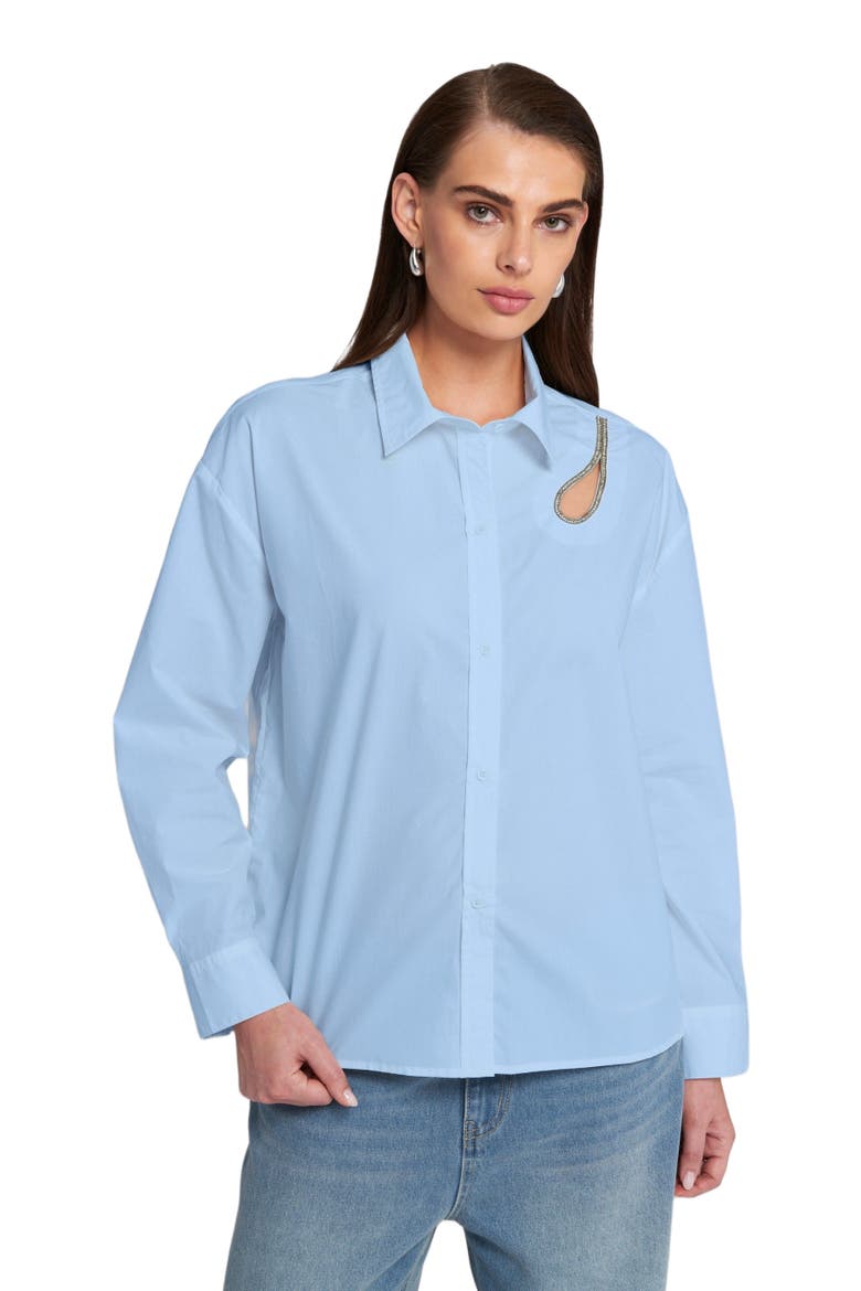 Rhinestone Trim Cutout Shirt Button Down Top, Main, color, Baby Blue