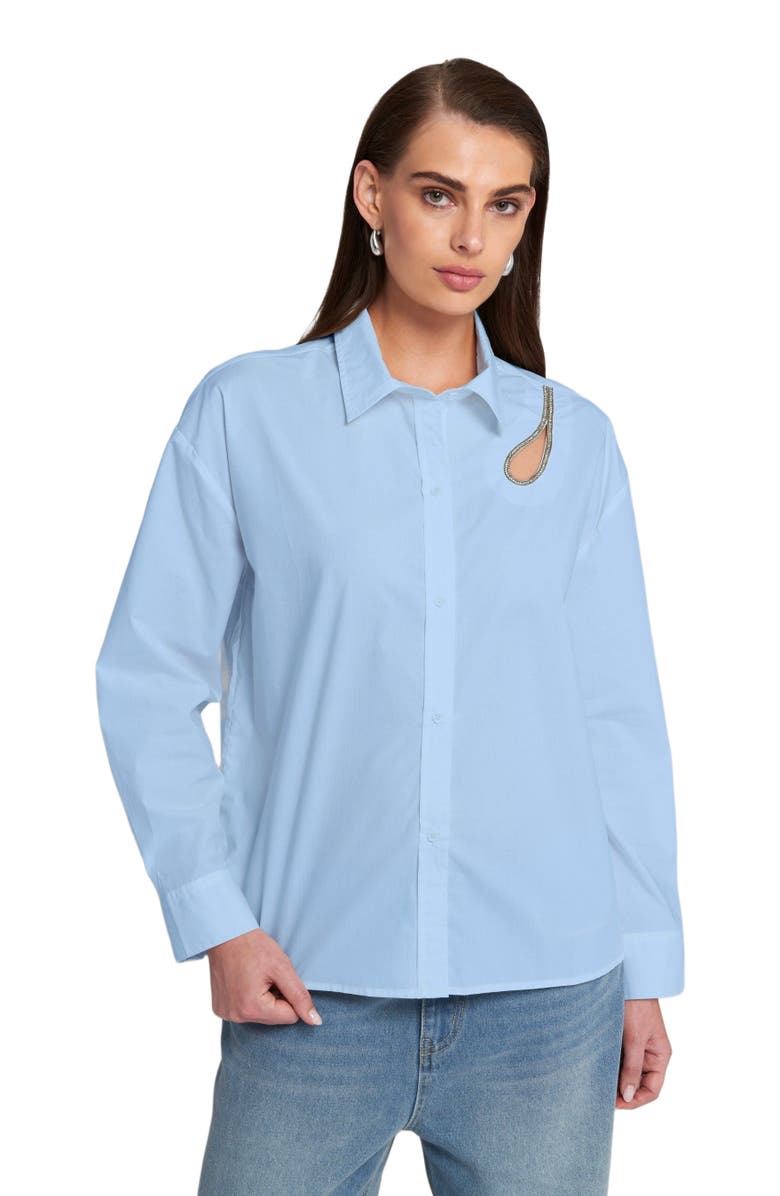 ELLE Collection Rhinestone Trim Cutout Shirt Button Down Top, Main, color, Baby Blue