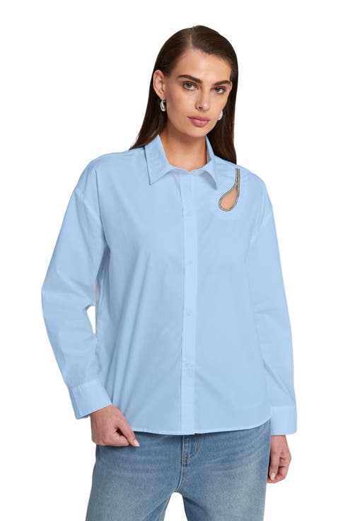 Rhinestone Trim Cutout Shirt Button Down Top