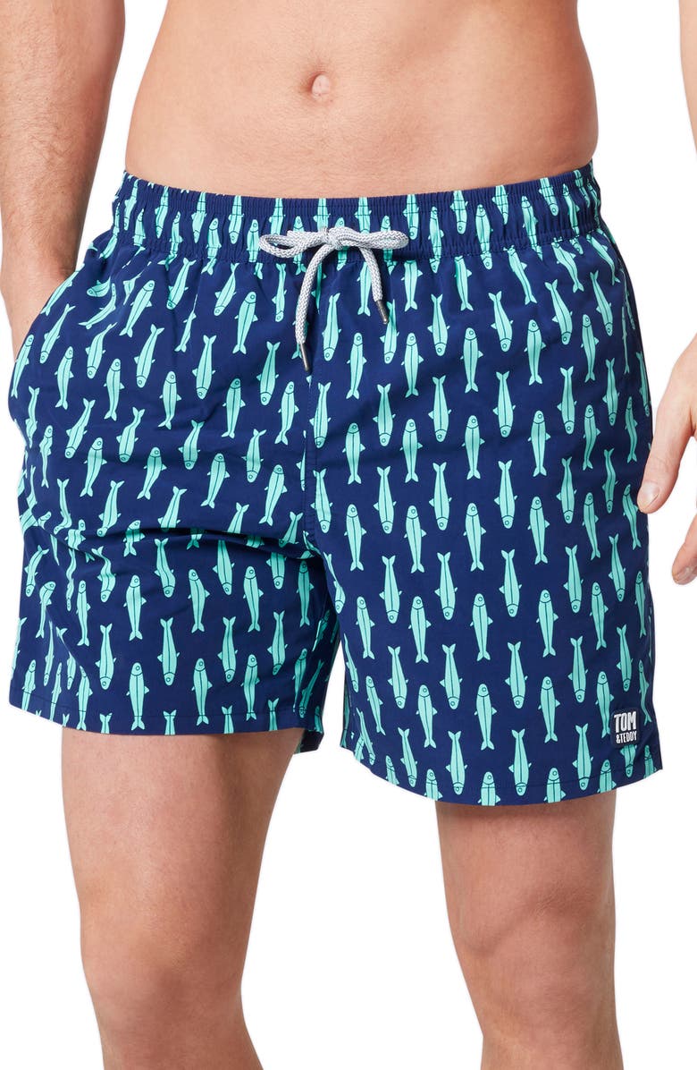 Tom & Teddy Sardine Print Swim Trunks, Main, color, 
