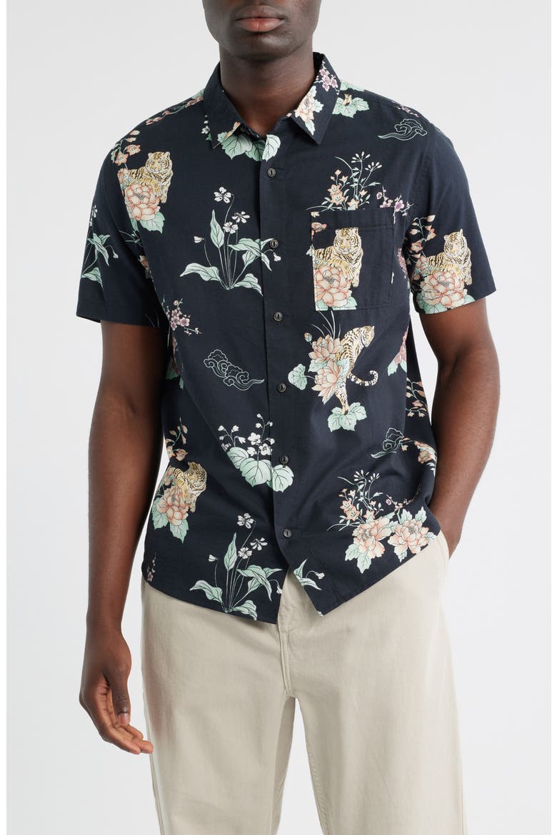 Journey Floral Short Sleeve Button-Up Shirt, Main, color, BLACK